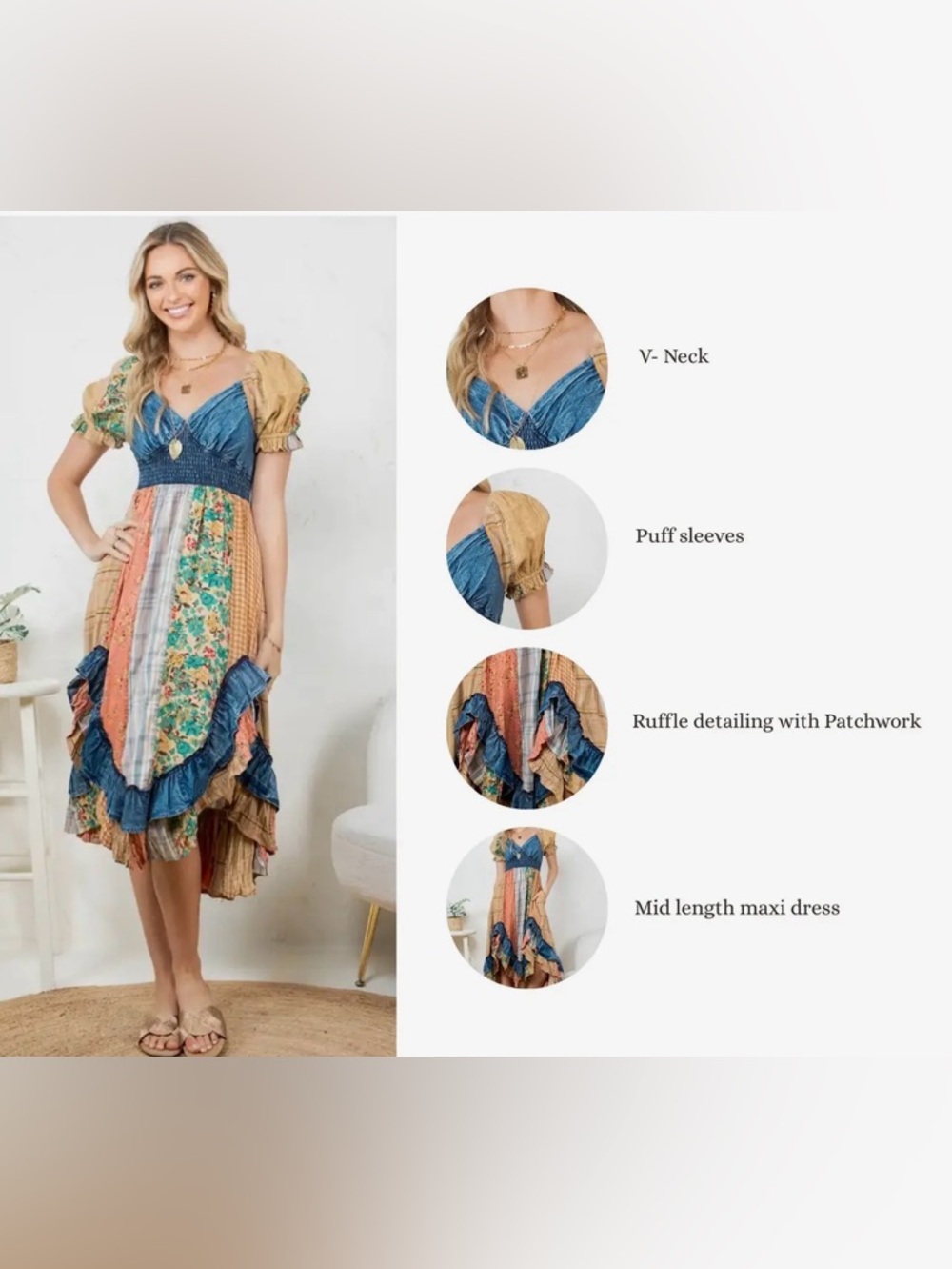 NWT Fair Trade Vegan Ruffled Asym Patchwork Boho Hem Midi Dress Sweet heart neck - Picture 7 of 7